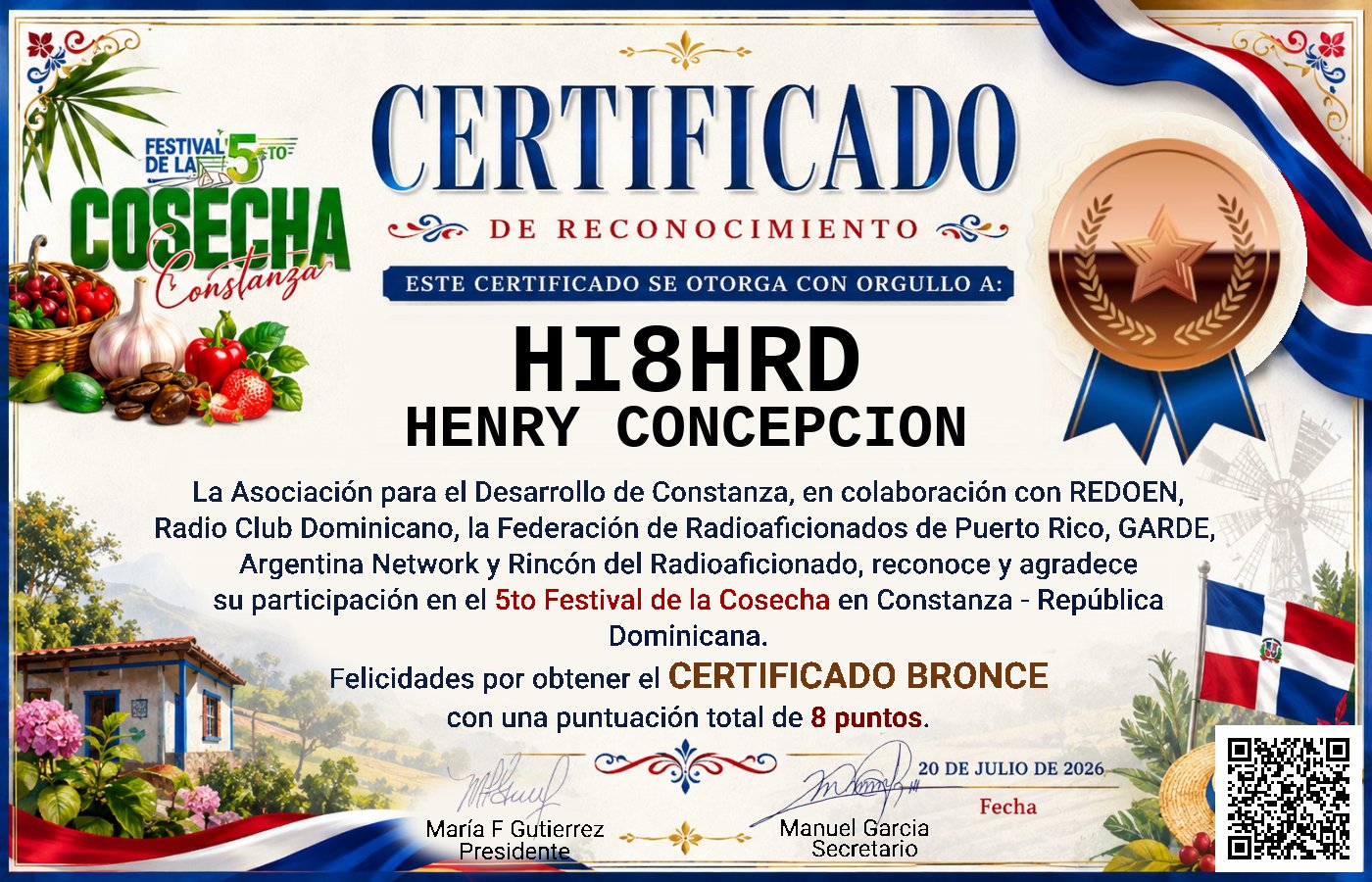 Certificado Activación - "Festival de la Cosecha"