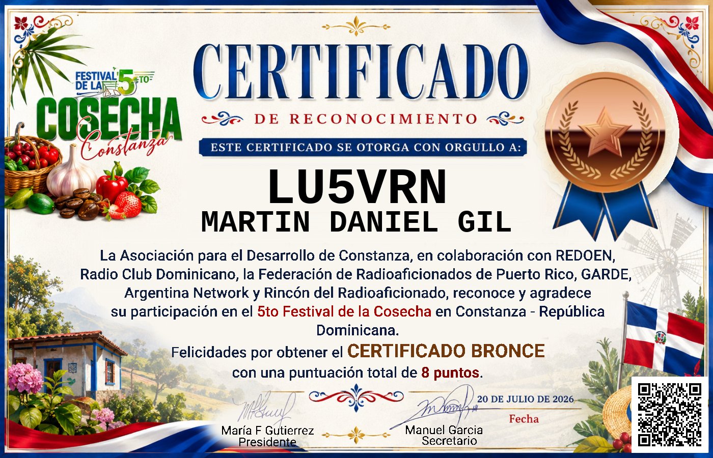 Certificado Activación - "Festival de la Cosecha"